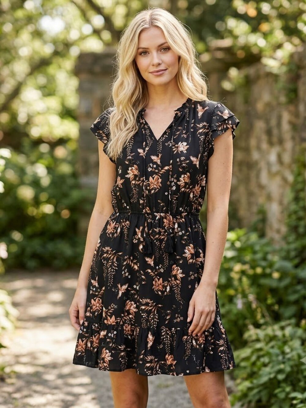 Les Serein Black Copper Floral Flutter Sleeve Boho Dress Elastic Waist Sz L